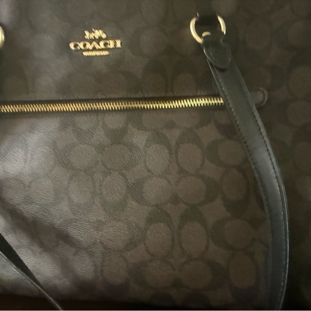 Coach Brown Signature Canvas Tote with Black Straps - Picture 6 of 12
